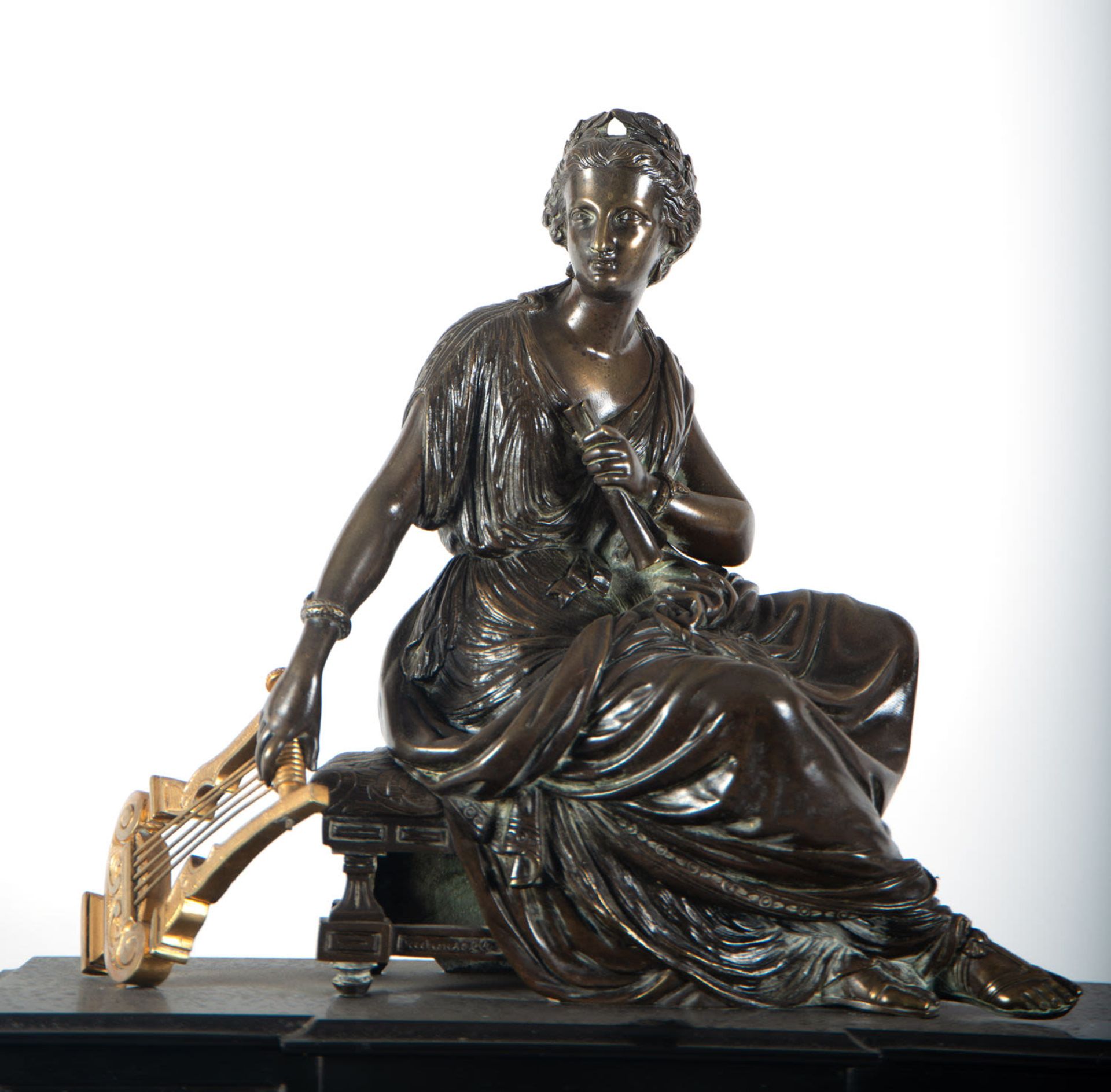 Charles X style clock with lady in patinated bronze playing the harp. late nineteenth century - Bild 2 aus 8