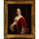 Noble French lady with flower in her hand, 18th century French school, manner of Hyacinthe Rigaud (1