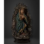 Exquisite Virgin of Los Dolores in Alabaster Huamanga Polychrome and silver, colonial work from the 