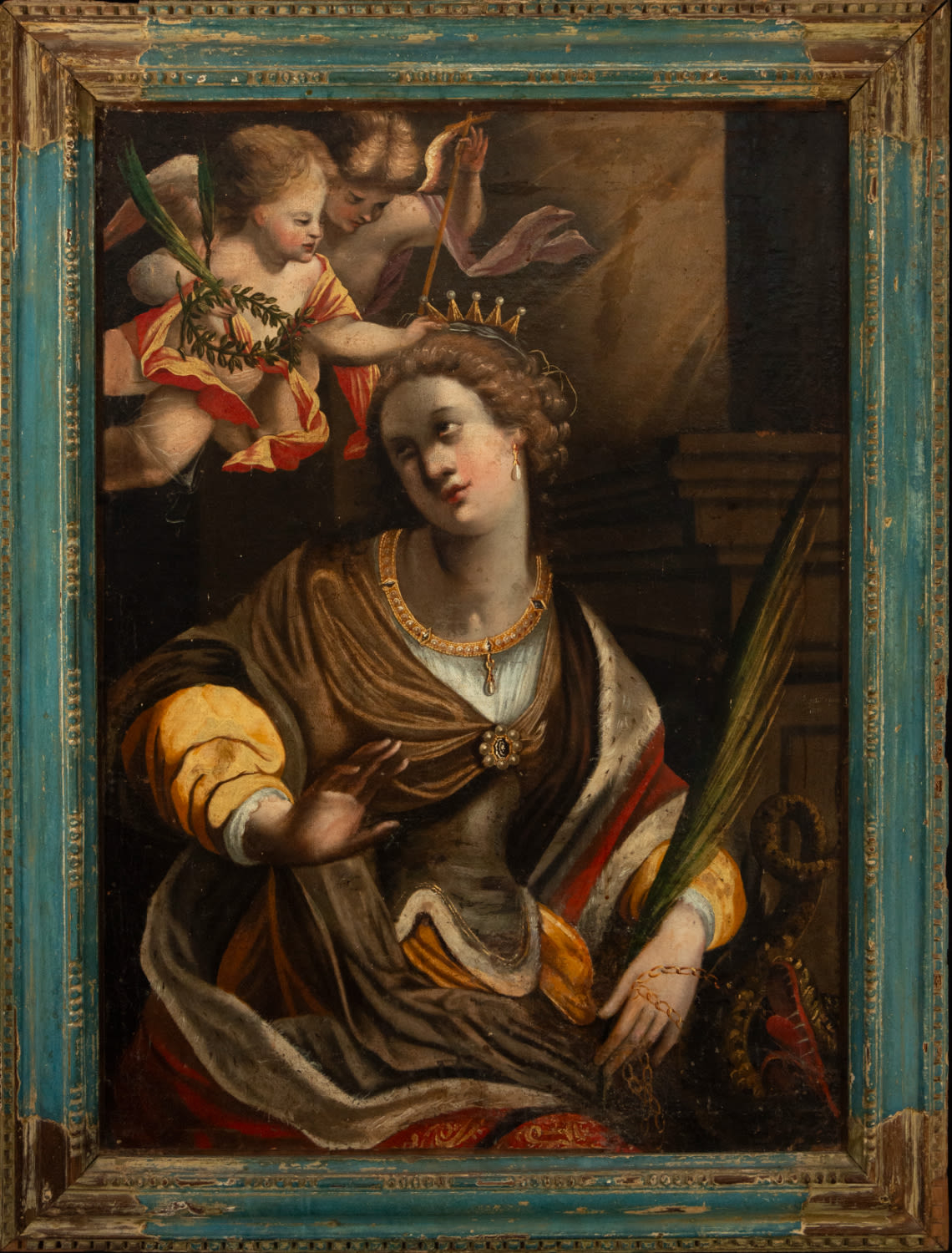 The coronation of Saint Catherine, Italo Flemish school of the 17th century, signed and dated 1614