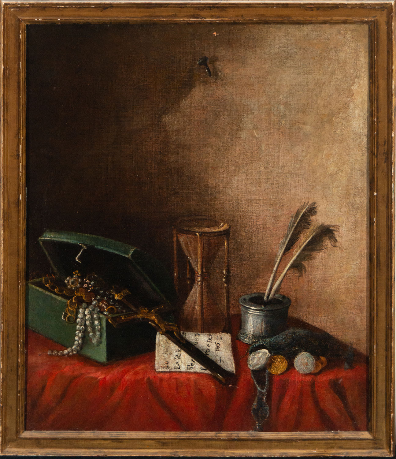 Still Life with Hourglass, Chest, Crucifix, Coins and Scribe, 17th century Italian school