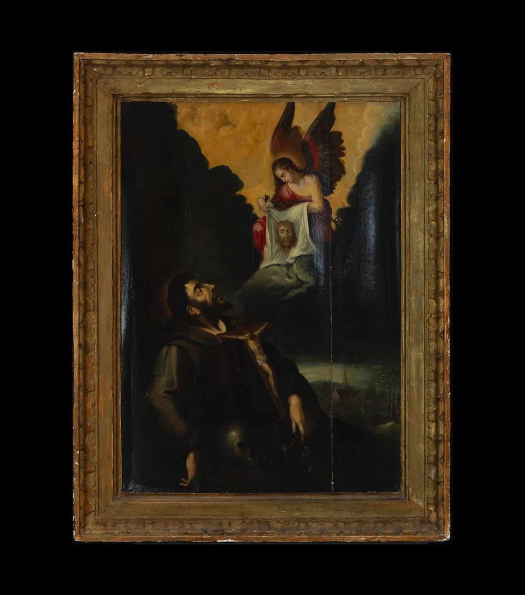 The Angel appearing to Saint Francis, oil on panel, New Spain Colonial school of New Spain, 17th cen