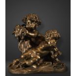 Allegorical French Beaux Arts sculpture of two Amours climbing a goat in patinated and gilded bronze