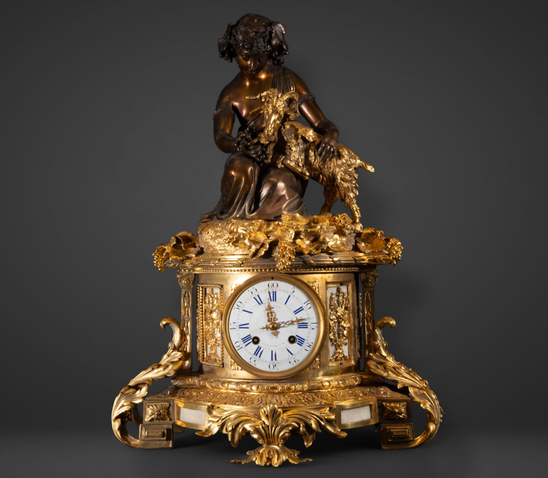 Exquisite Large French Table Clock in Mercury-Gilded Bronze and Alabaster with Bacchus and Goat, Nap