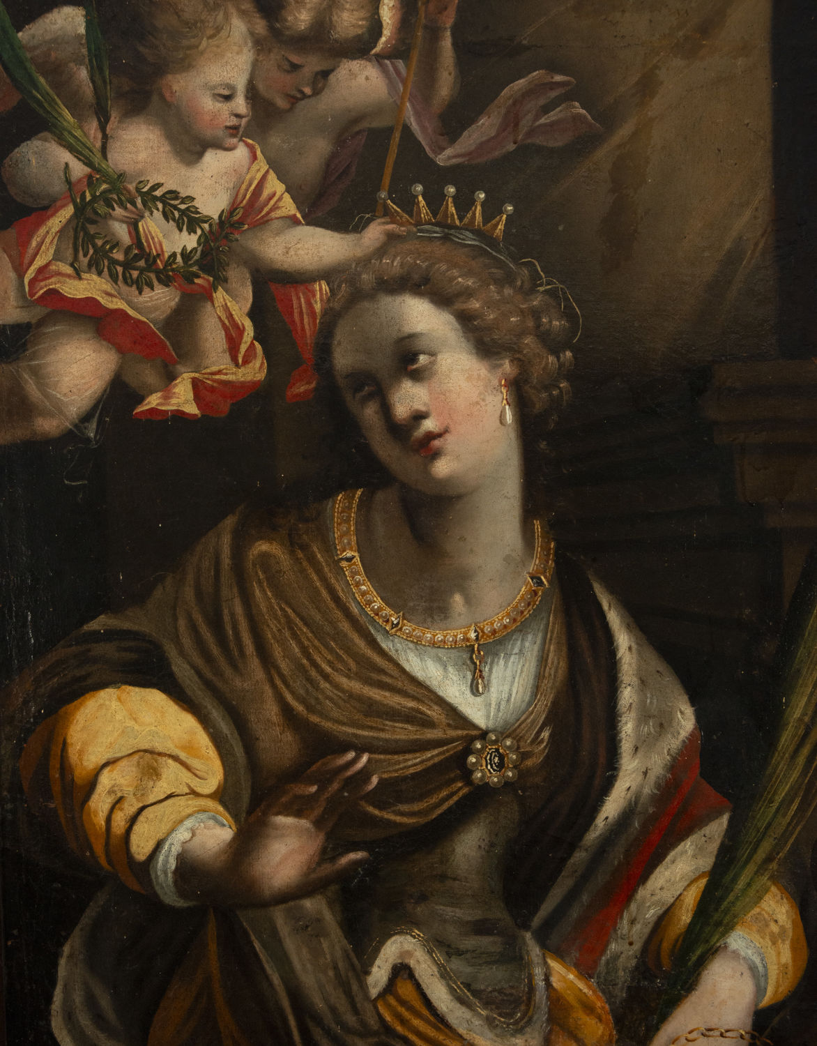 The coronation of Saint Catherine, Italo Flemish school of the 17th century, signed and dated 1614 - Image 2 of 6