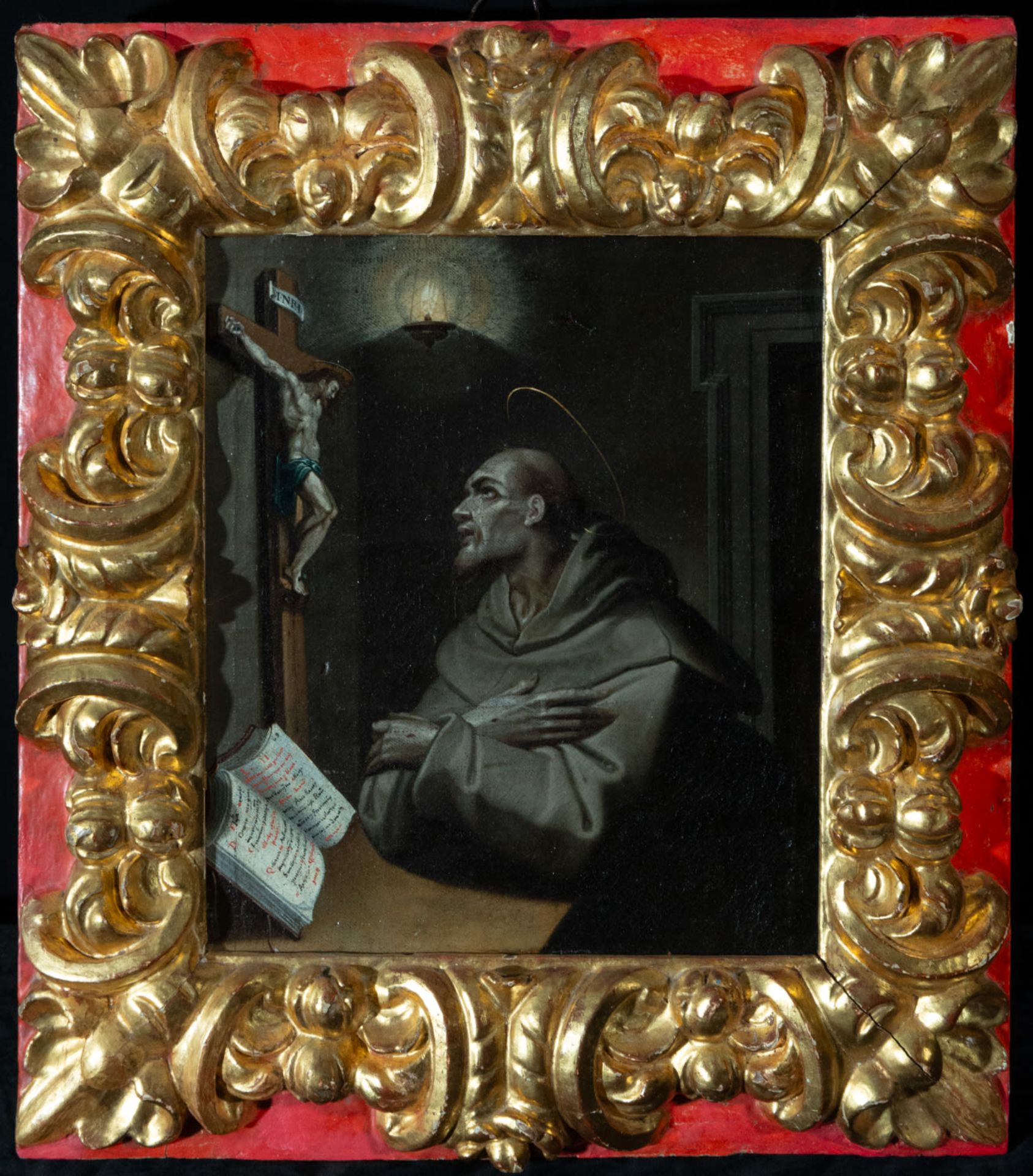 Beautiful Spanish Baroque Frame from the second half of the 17th century with oil painting of Saint