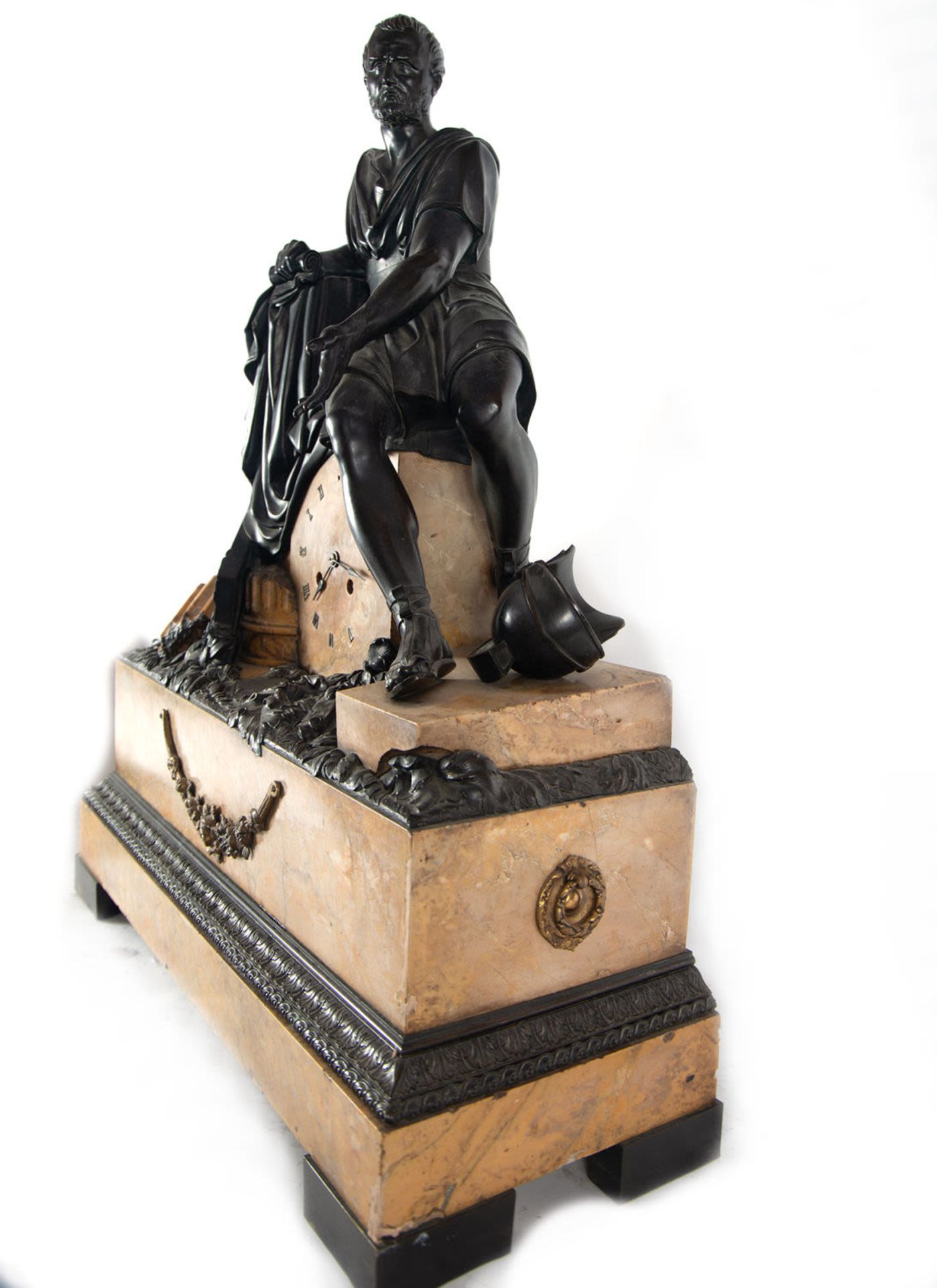 Empire style clock in patinated bronze and Aleppo marble depicting a Roman officer, 19th century - Image 7 of 10