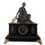 Charles X style clock with lady in patinated bronze playing the harp. late nineteenth century