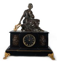 Charles X style clock with lady in patinated bronze playing the harp. late nineteenth century