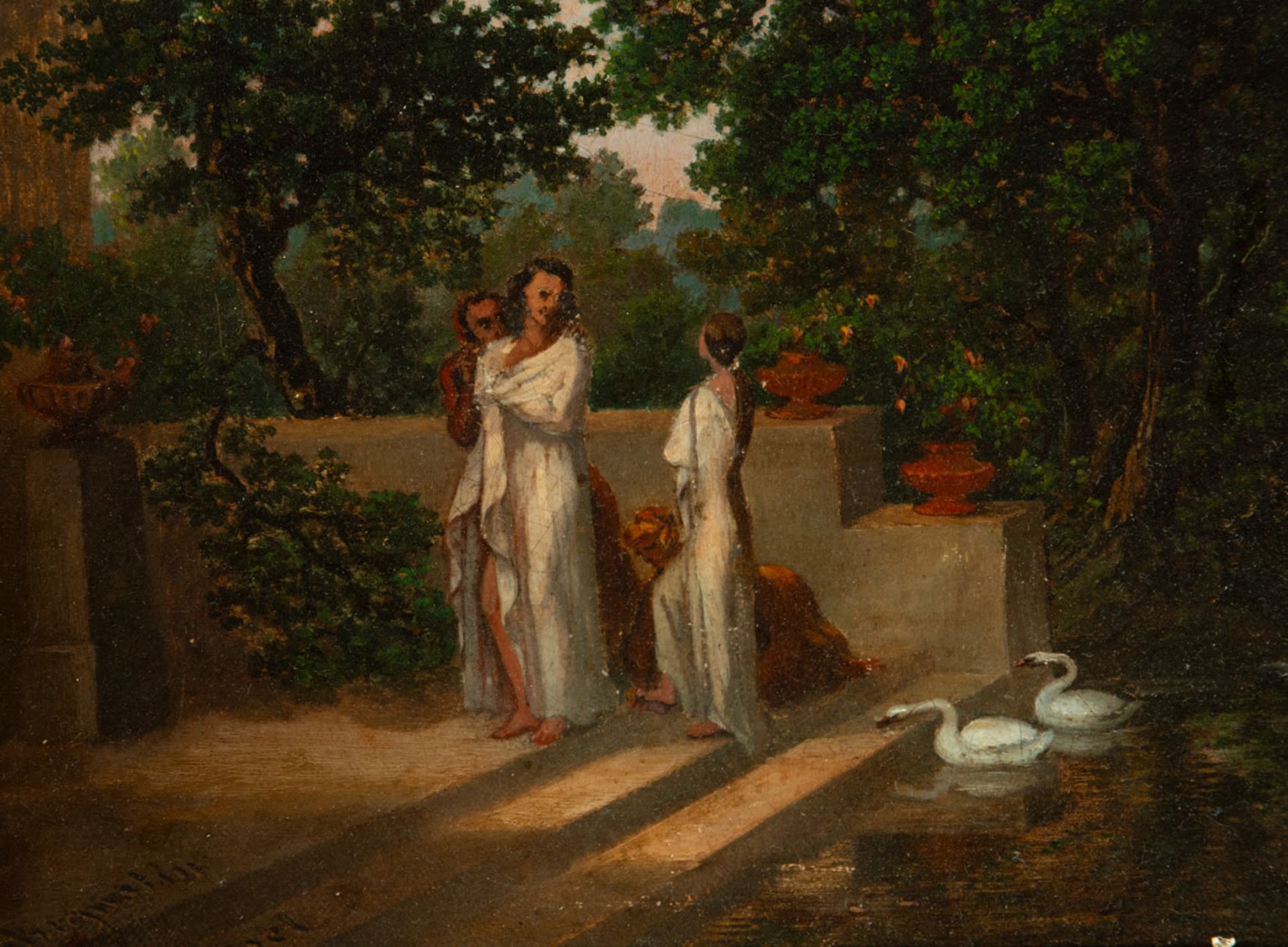 Augustin Toursel (1812 - 1853), signed, Landscape with women and swans, French school, 19th century - Image 4 of 6