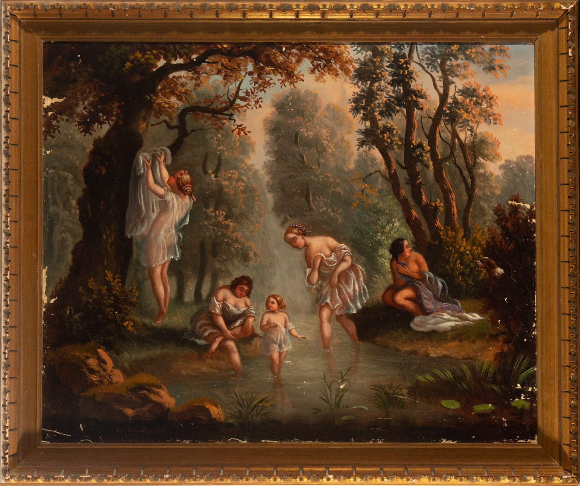 Women Bathing in a River, 19th century European school, signed