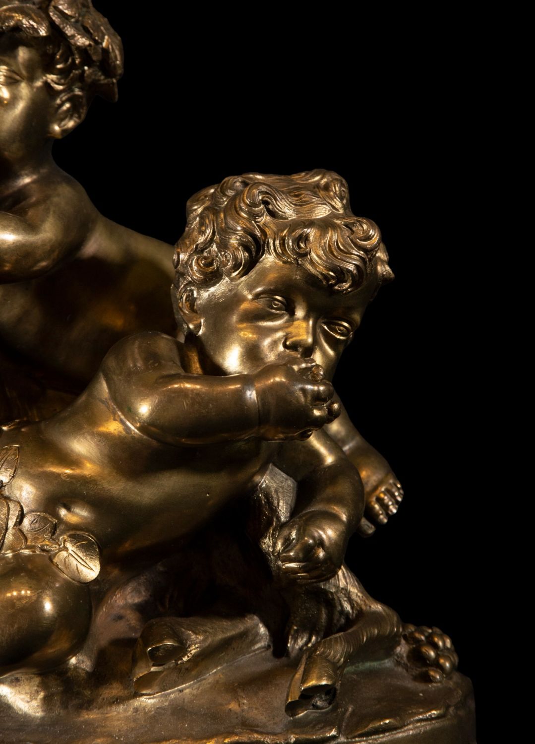 Allegorical French Beaux Arts sculpture of two Amours climbing a goat in patinated and gilded bronze - Image 3 of 8