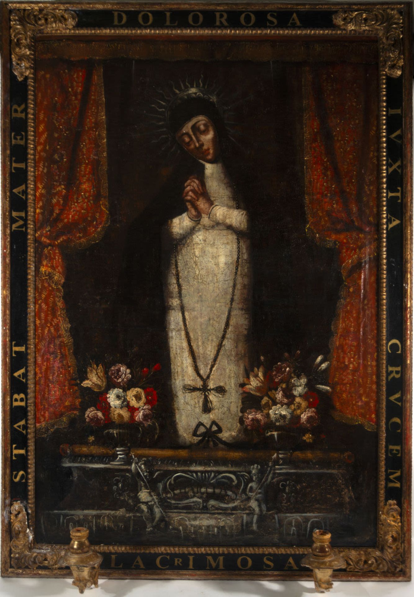 Large Virgin of "Las Angustias", Cuzco or Lima colonial work, with baroque frame with light applique