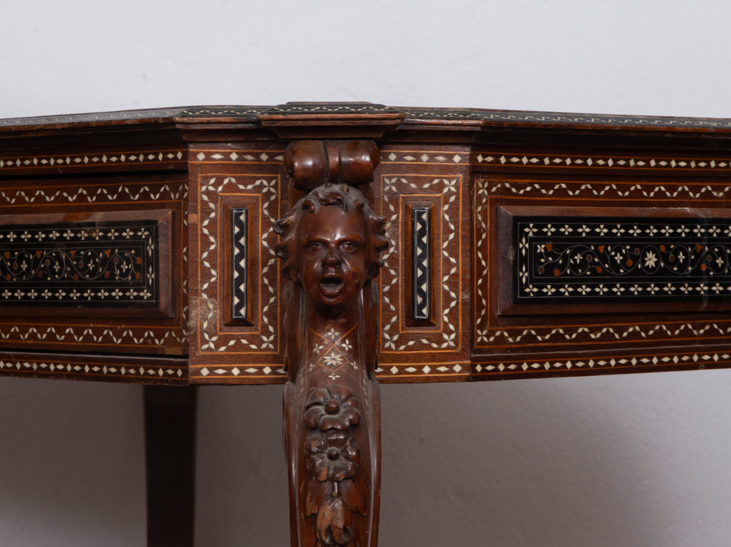 Beautiful table with drawer, made of copper, ebony and mother-of-pearl with bone inlays, 19th centur - Image 5 of 5