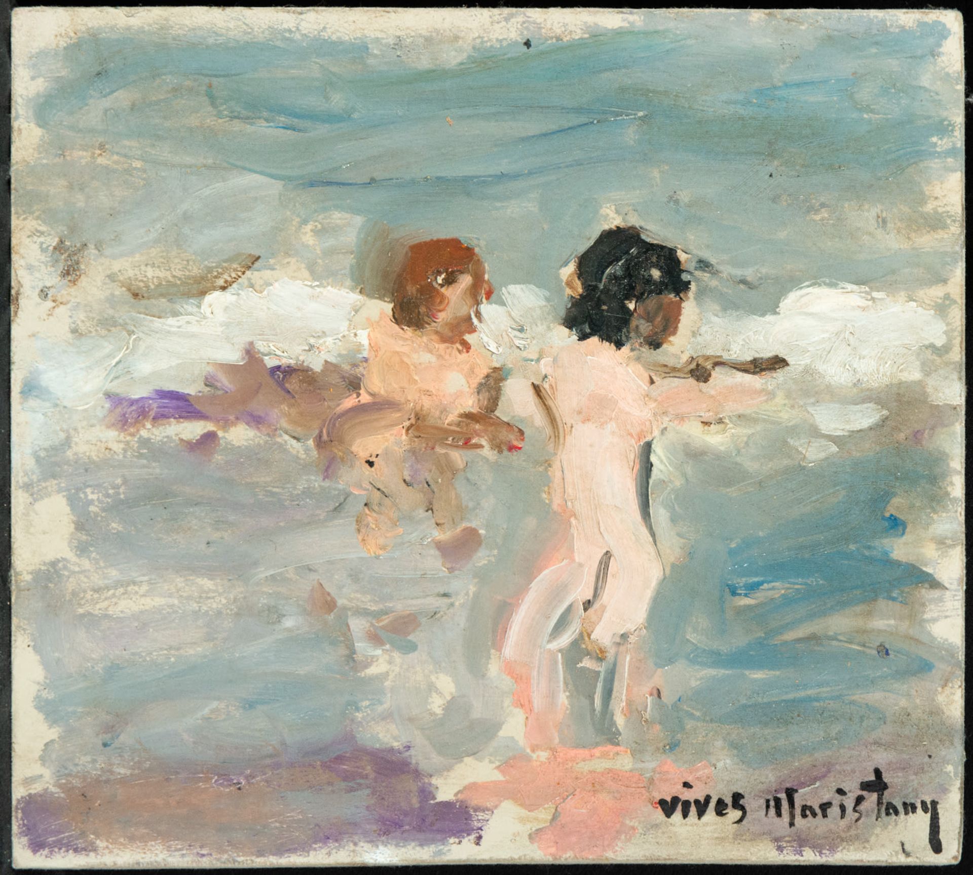 Sketch of children on the beach on cardboard, signed Vives Maristany, 19th century Catalan school