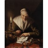 Dutch school of the 18th century. Elderly woman counting coins.
