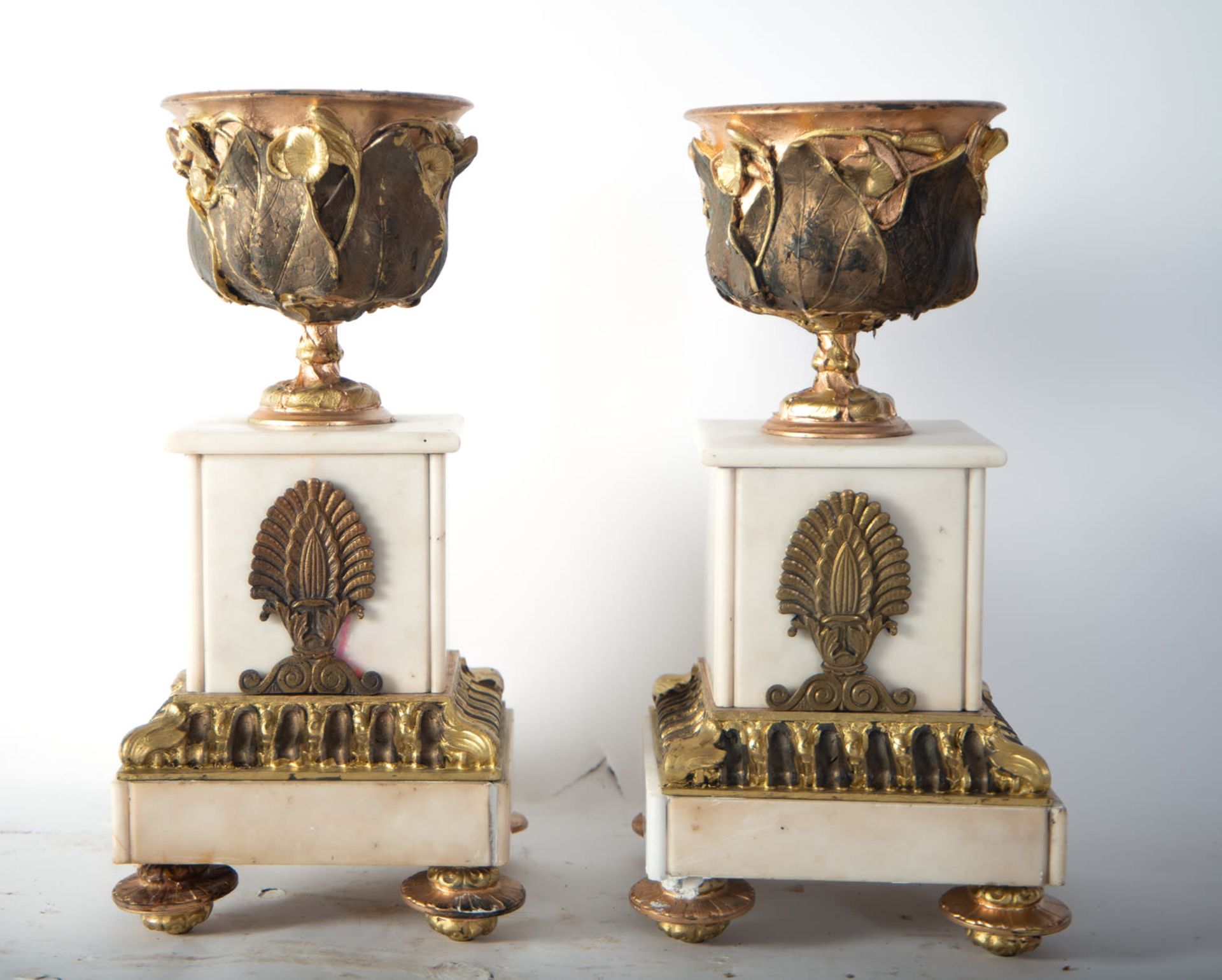 Bronze and white marble garniture with two cassolettes, "Allegory of Motherhood", 19th century - Image 5 of 9