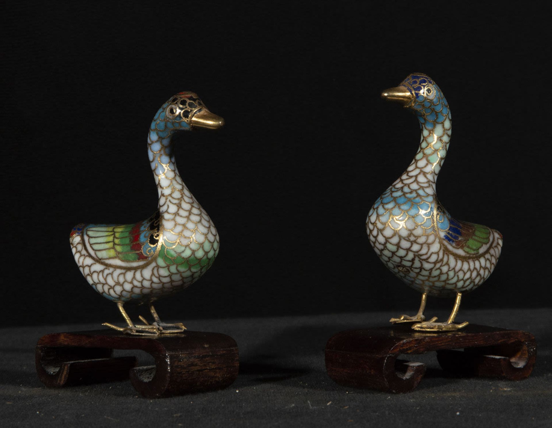 Pair of Chinese ducks in bronze filigree and cloisonné enamel, 20th century