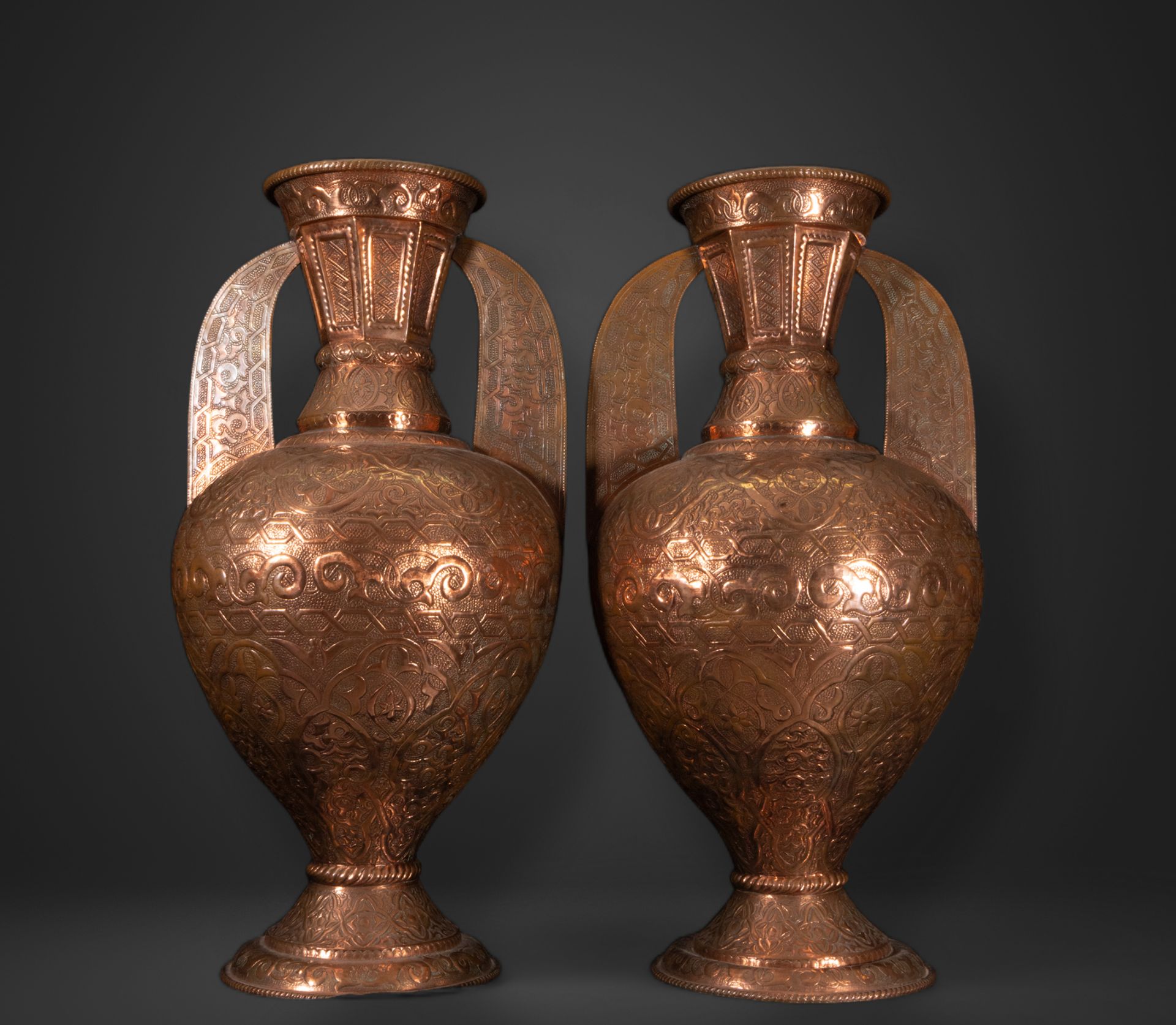 Pair of Large Embossed Copper Vases in the "Alhambra" style, Andalusian Granada work from the 19th c