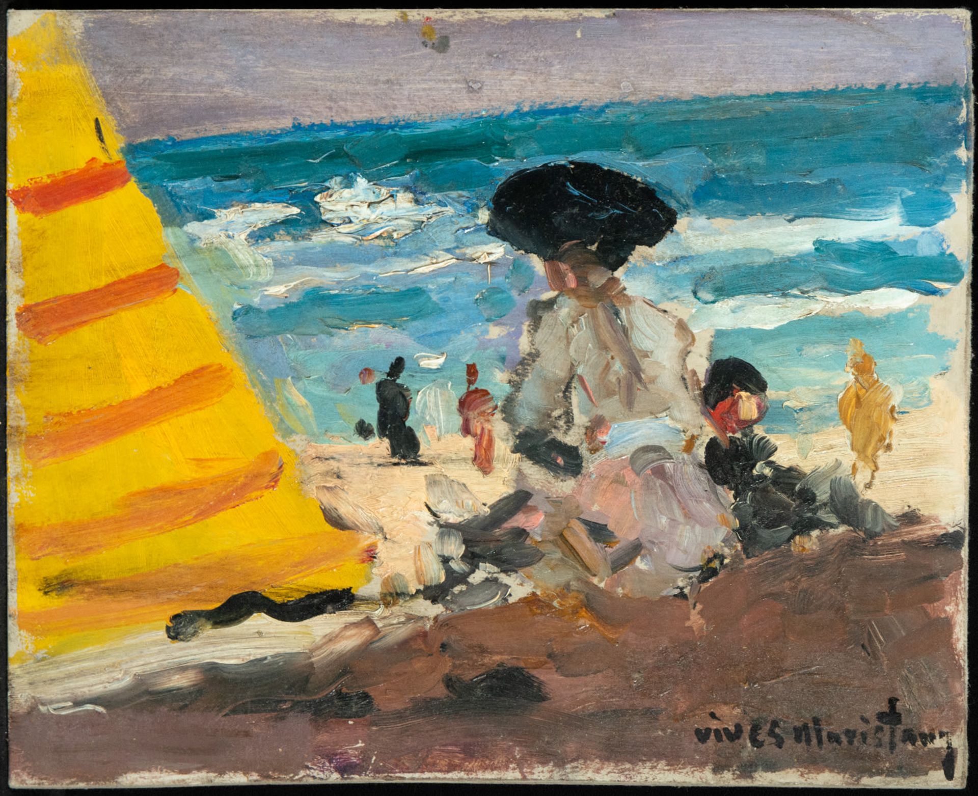 Sketch of characters on the beach on cardboard, signed Vives Maristany, 19th century Catalan school