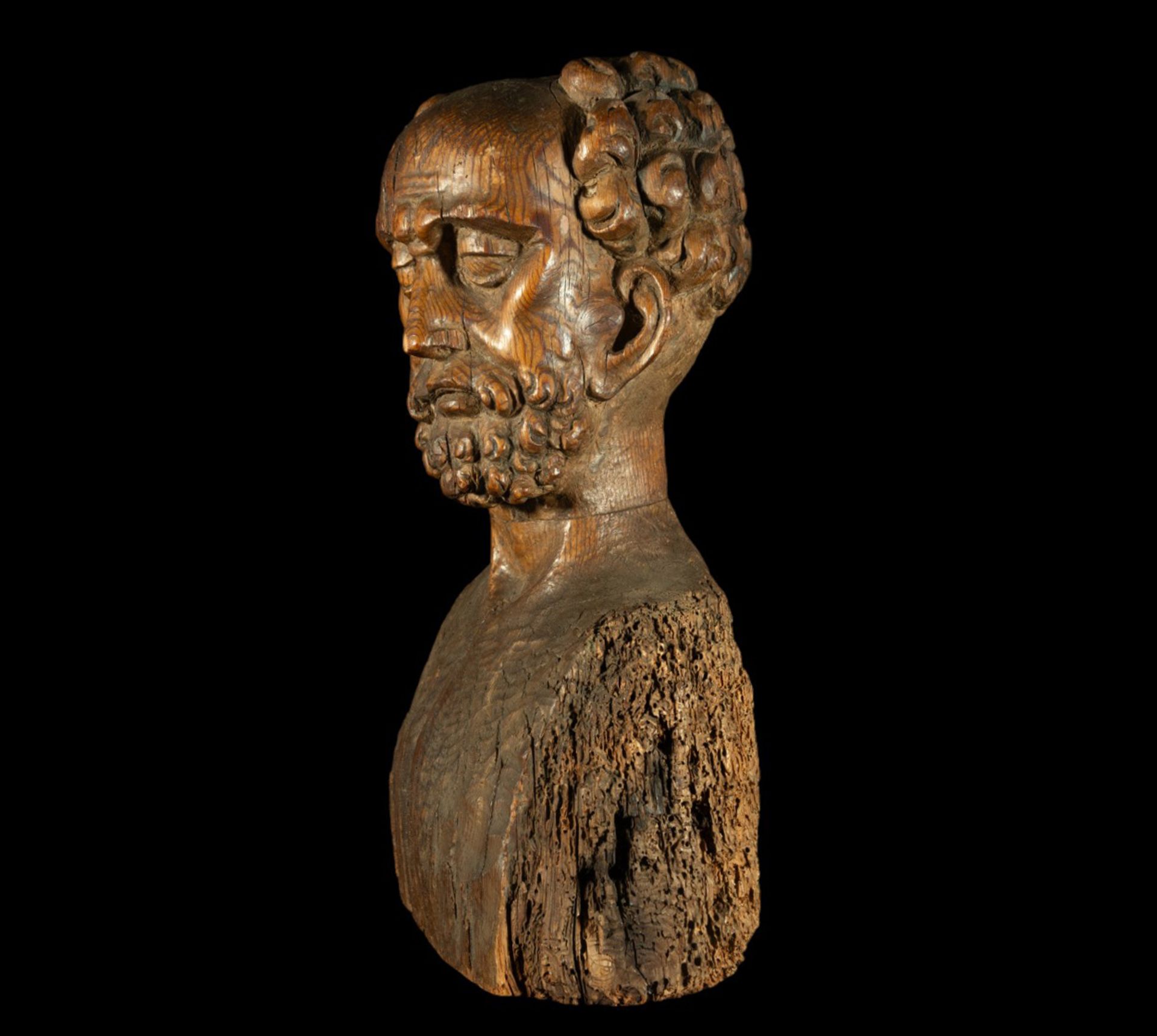 Large late Romanesque reliquary bust of an Apostle, Pyrenées, Northern Catalonia, in natural wood in - Bild 4 aus 9