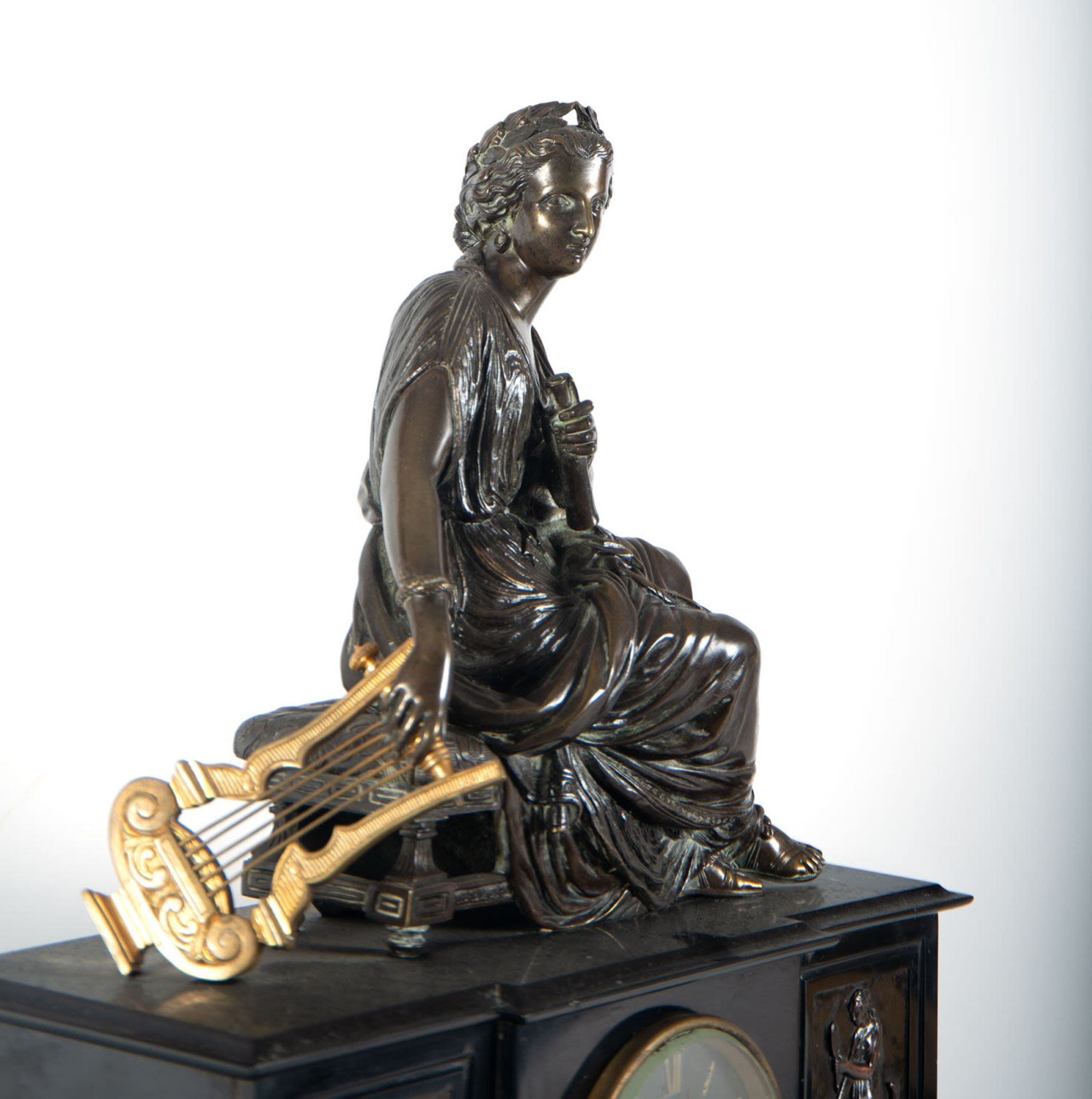 Charles X style clock with lady in patinated bronze playing the harp. late nineteenth century - Image 7 of 8