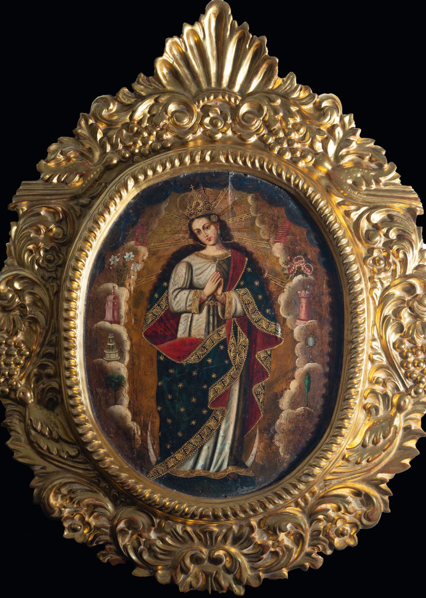 Important Immaculate Virgin on panel, New Spanish colonial school of the 18th century, with a coloni