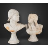 Pair of decorative busts of a Roman legionnaire and maiden, in marble, 19th century