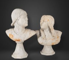 Pair of decorative busts of a Roman legionnaire and maiden, in marble, 19th century
