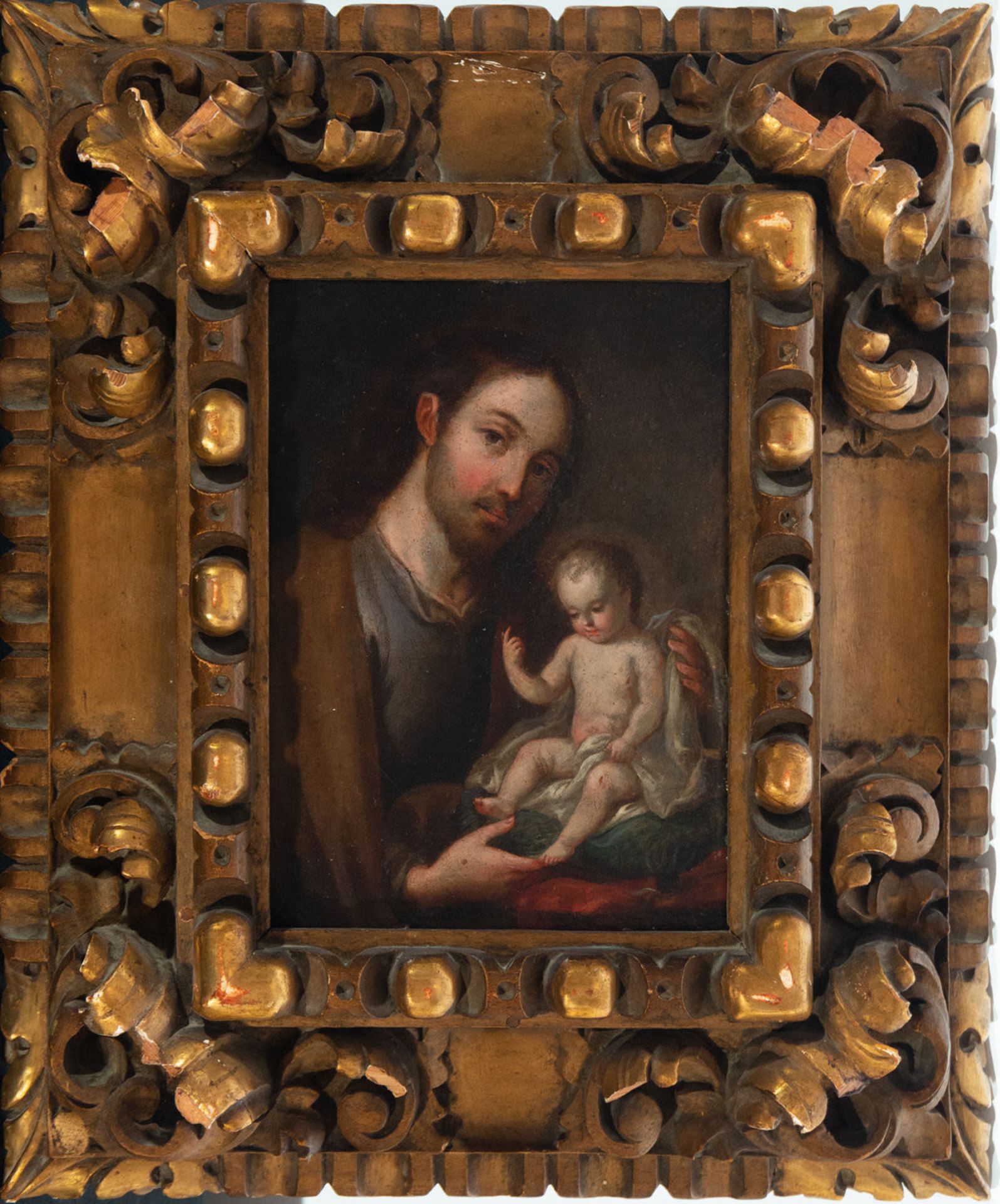 Saint Joseph with the Child on copper, Novohispanic colonial school, Mexico, 17th century