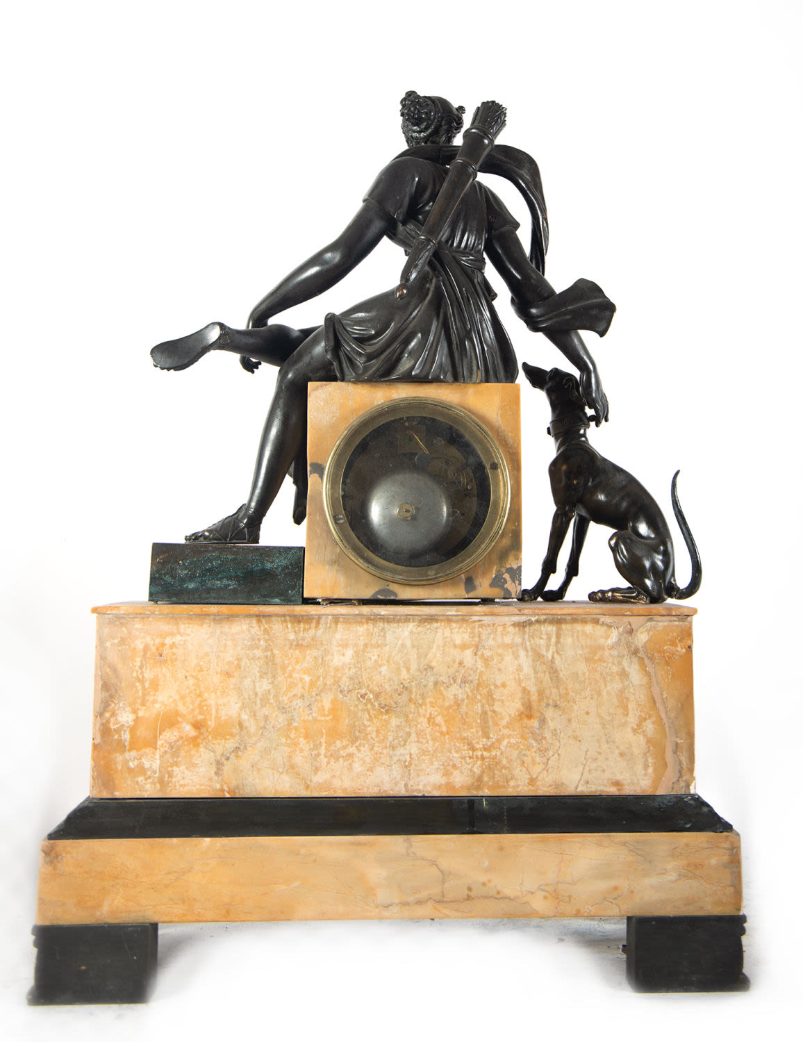 Empire style clock in patinated bronze and Aleppo marble depicting Diana the huntress, late 19th cen - Image 4 of 4