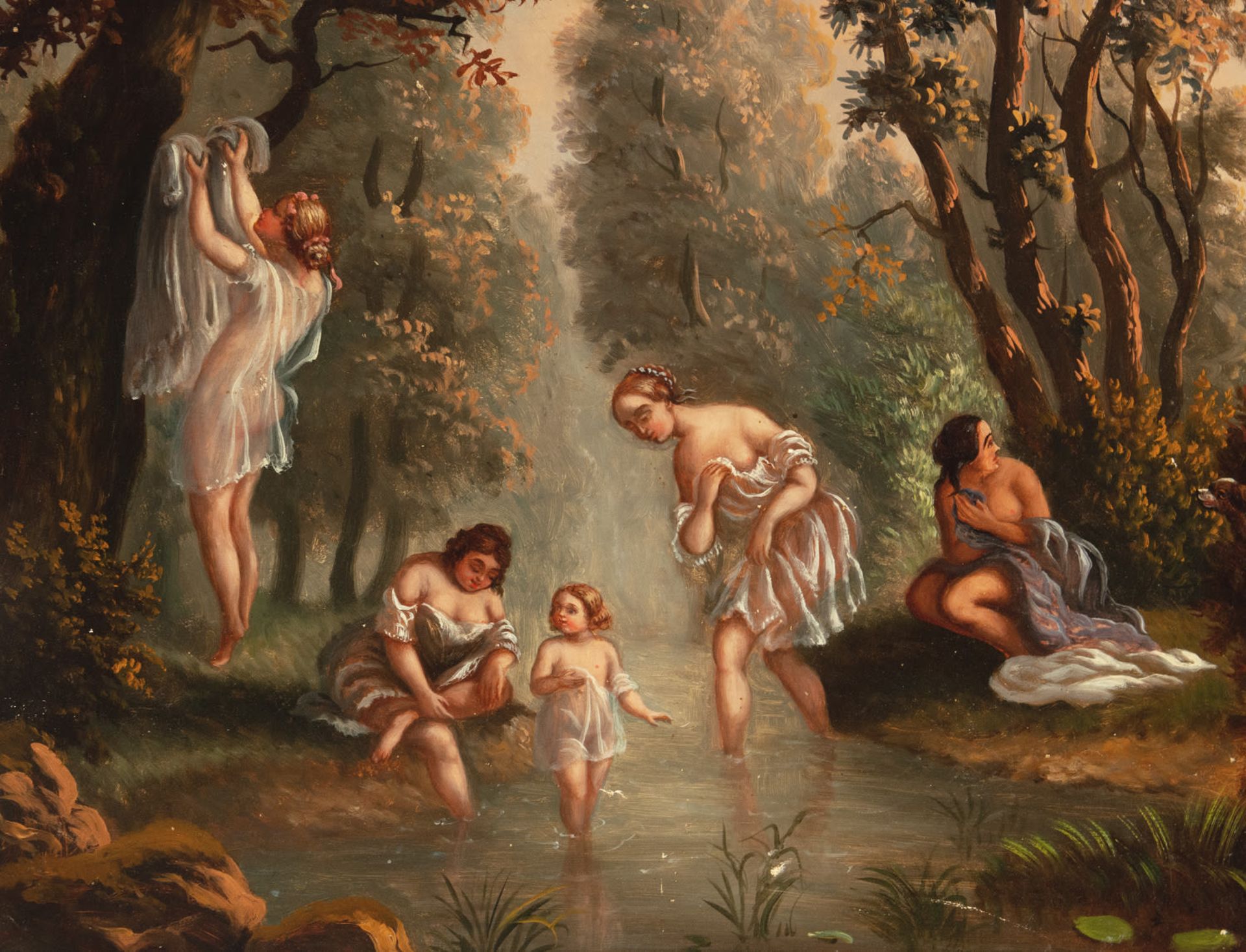 Women Bathing in a River, 19th century European school, signed - Image 2 of 7