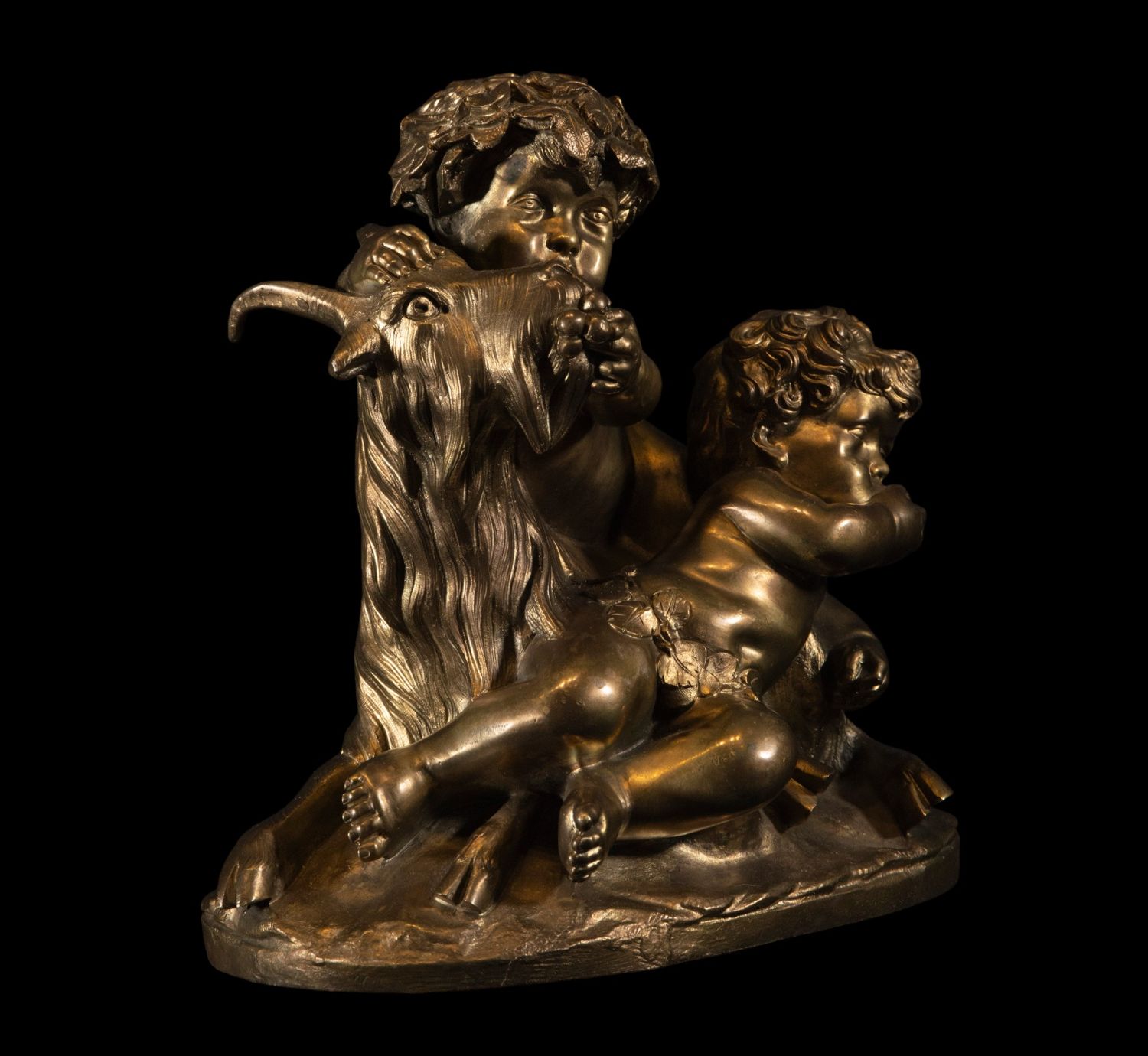 Allegorical French Beaux Arts sculpture of two Amours climbing a goat in patinated and gilded bronze - Image 6 of 8