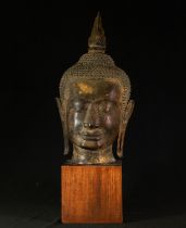 Large Gilt Bronze Buddha Head, Cambodia, 17th century