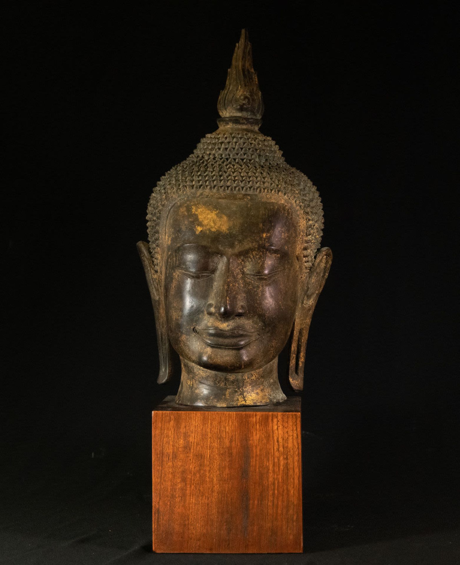 Large Gilt Bronze Buddha Head, Cambodia, 17th century