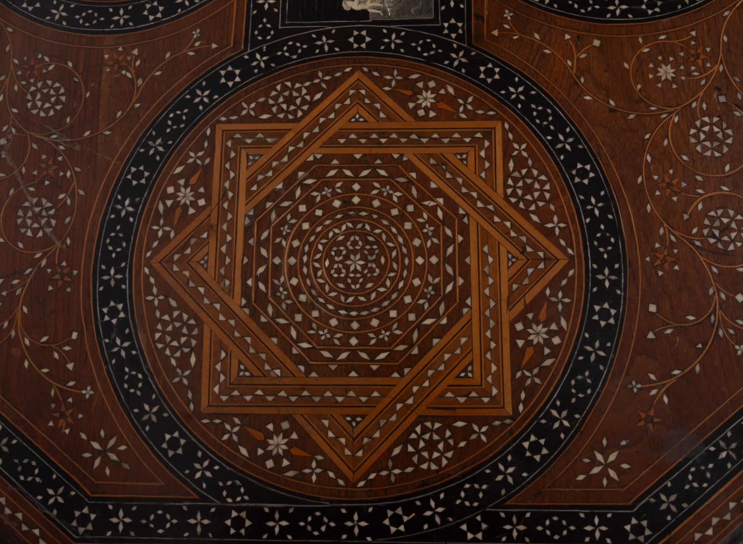 Beautiful table with drawer, made of copper, ebony and mother-of-pearl with bone inlays, 19th centur - Image 3 of 5