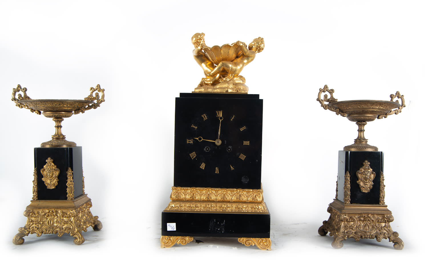 Charles X style garniture in obsidian and gilt bronze with pair of putti