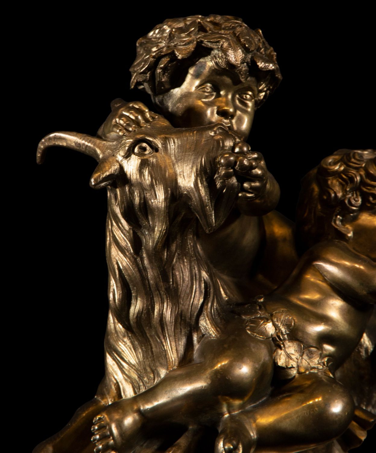 Allegorical French Beaux Arts sculpture of two Amours climbing a goat in patinated and gilded bronze - Image 7 of 8