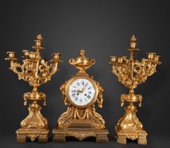 Elegant and Large French Garrison with Table Clock and Candlesticks in gilt bronze Napoleon III of t