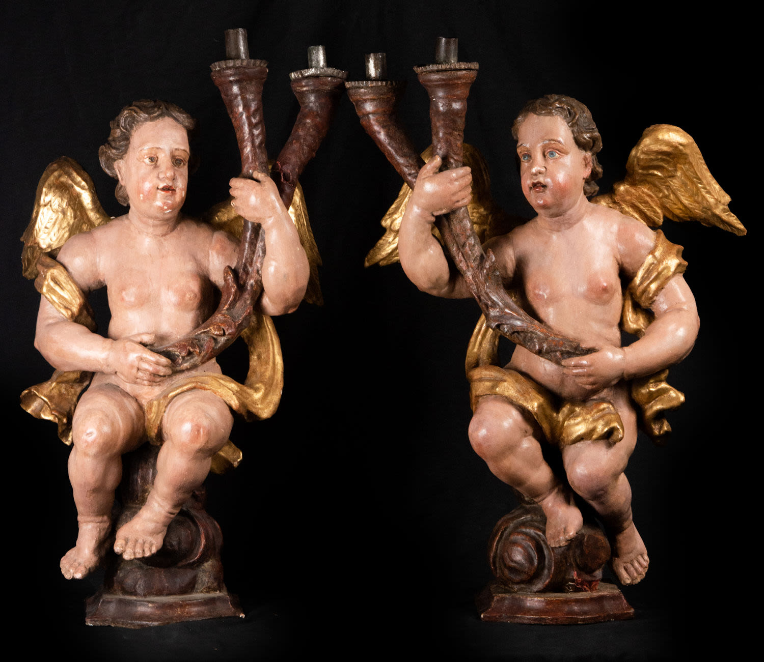 Pair of Important Portuguese Torchere Angels, 17th century Portuguese school