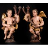 Pair of Important Portuguese Torchere Angels, 17th century Portuguese school