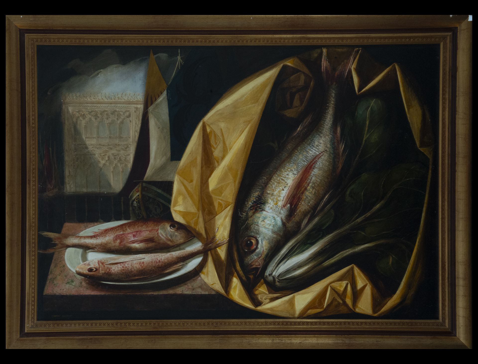 Victoriano Pardo, Still Life of Fish in Venice Madrid (Spain, 1918 - 1999), oil on canvas