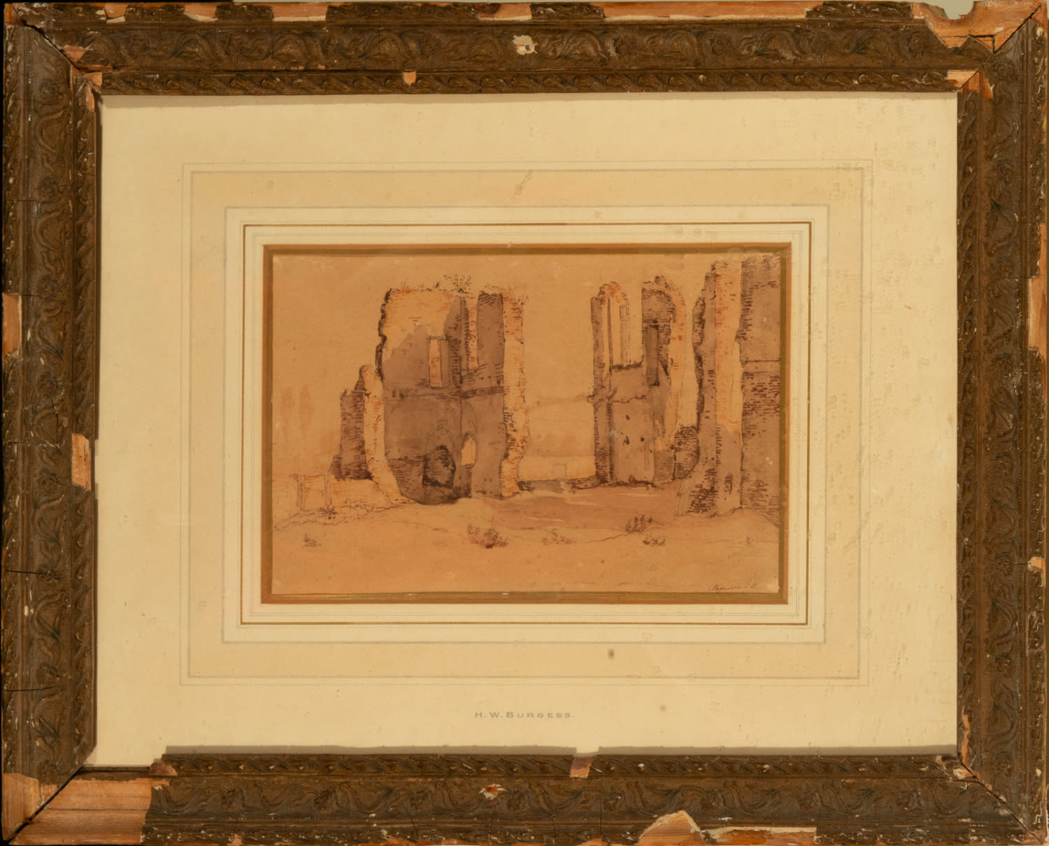 Neoclassical Ruin, Drawing in sanguine on paper, Italy, early 19th century, signed