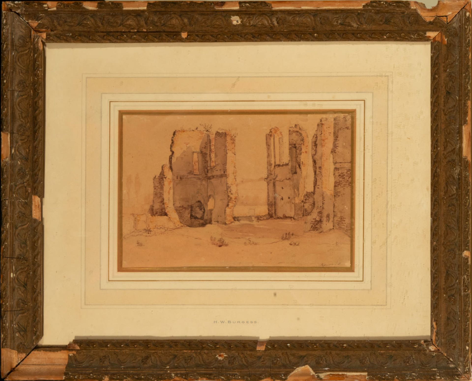 Neoclassical Ruin, Drawing in sanguine on paper, Italy, early 19th century, signed