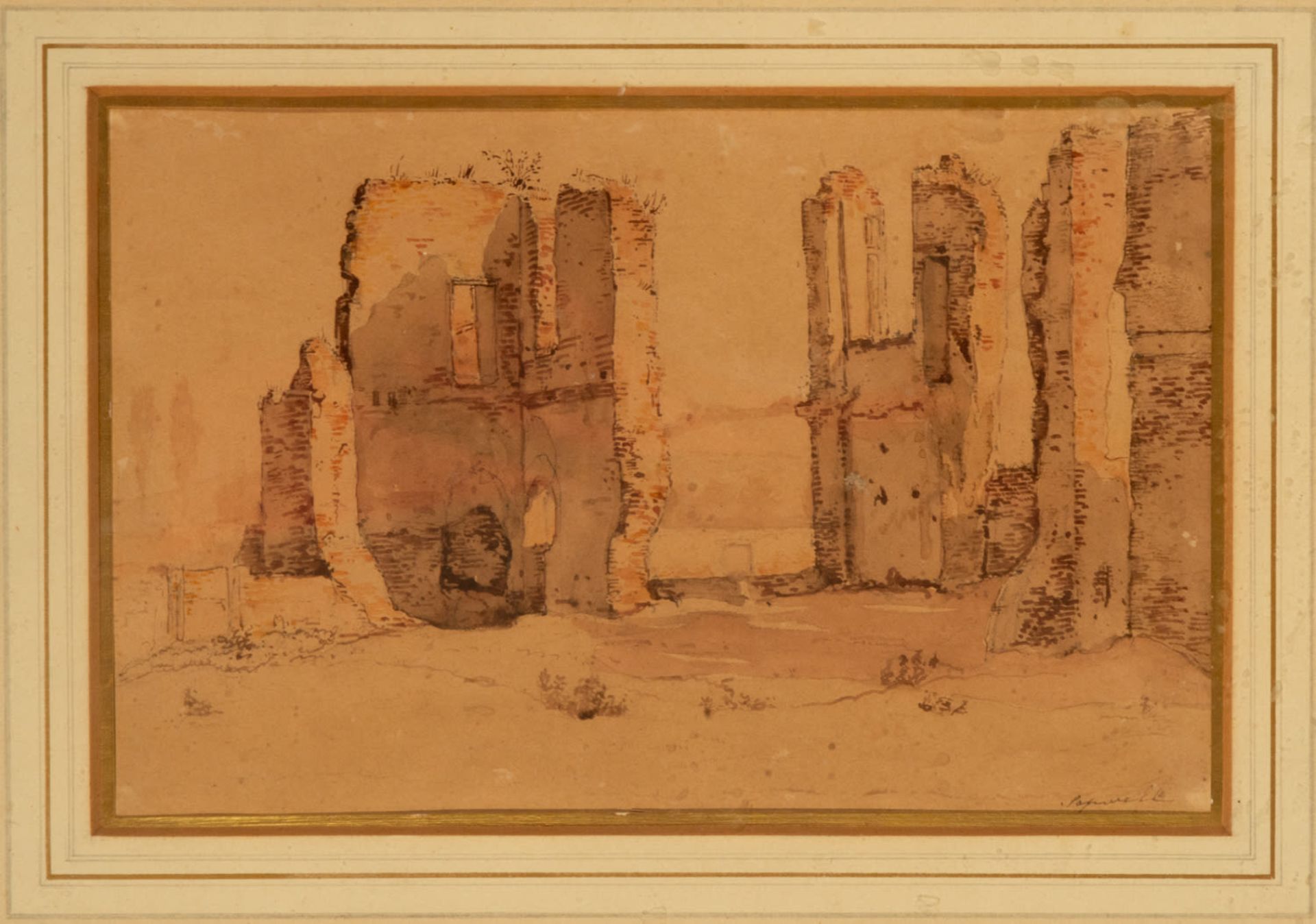 Neoclassical Ruin, Drawing in sanguine on paper, Italy, early 19th century, signed - Image 2 of 3