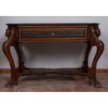 Beautiful table with drawer, made of copper, ebony and mother-of-pearl with bone inlays, 19th centur