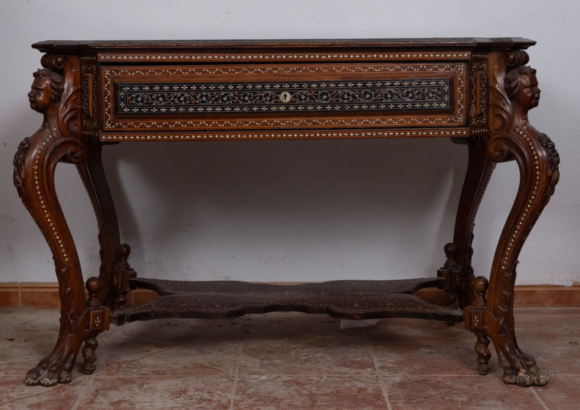 Beautiful table with drawer, made of copper, ebony and mother-of-pearl with bone inlays, 19th centur