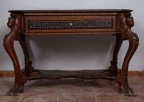 Beautiful table with drawer, made of copper, ebony and mother-of-pearl with bone inlays, 19th centur