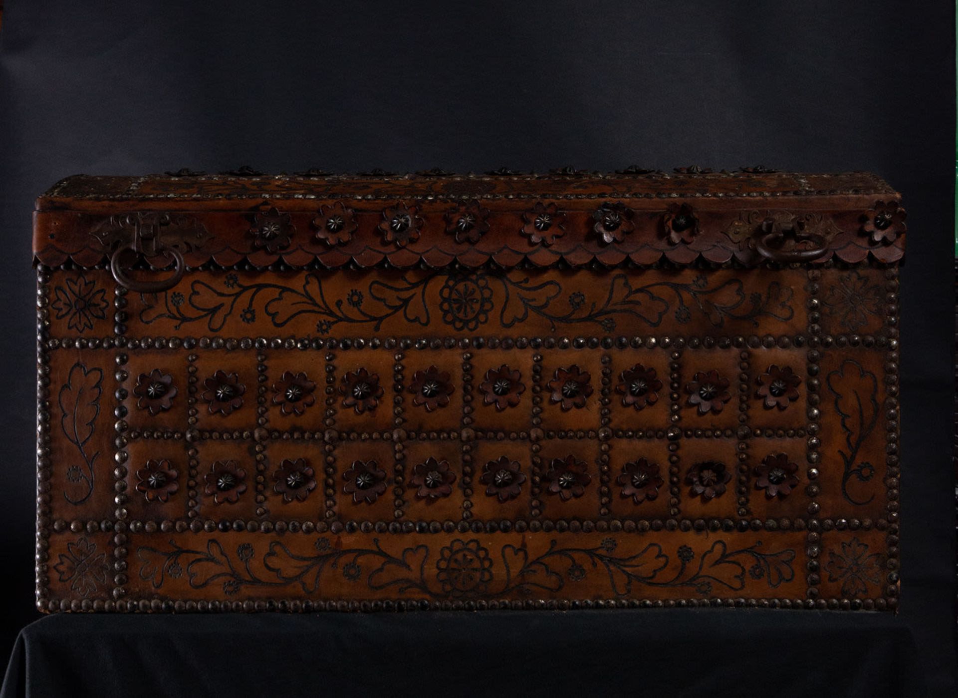 Large embossed leather chest with Floral decoration, Peru, 18th century