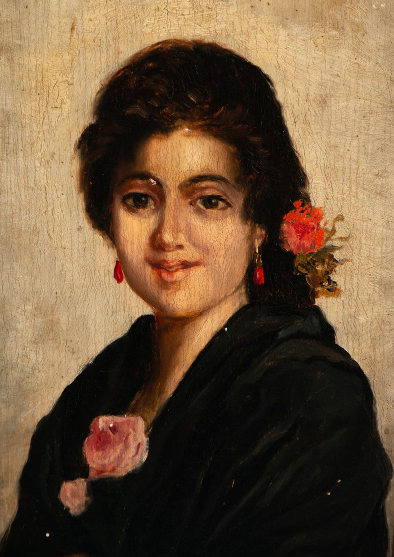 Portrait of Young Lady with Carnation, Spanish school of the end of the 19th century - Image 2 of 3
